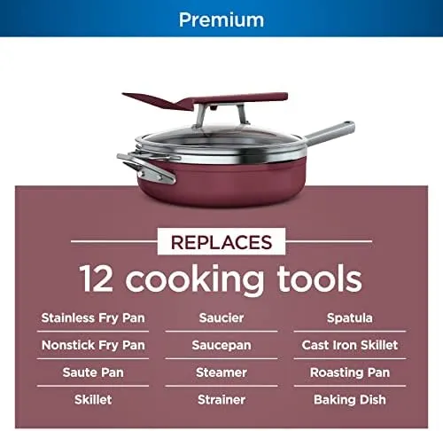 Ninja, Cookware, Steamer, Strainer Basket, Glass Lid and Spatula, Foodi NeverStick PossiblePan, Premium Set with 4-Quart Capacity Pan, Nonstick, Durable, Oven Safe Cookware, Cherry Tart, CW102RD