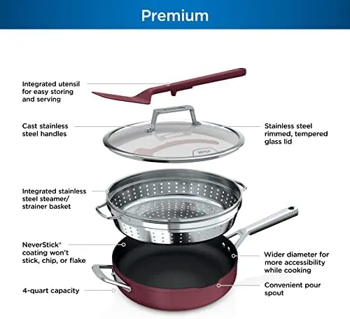 Ninja, Cookware, Steamer, Strainer Basket, Glass Lid and Spatula, Foodi NeverStick PossiblePan, Premium Set with 4-Quart Capacity Pan, Nonstick, Durable, Oven Safe Cookware, Cherry Tart, CW102RD
