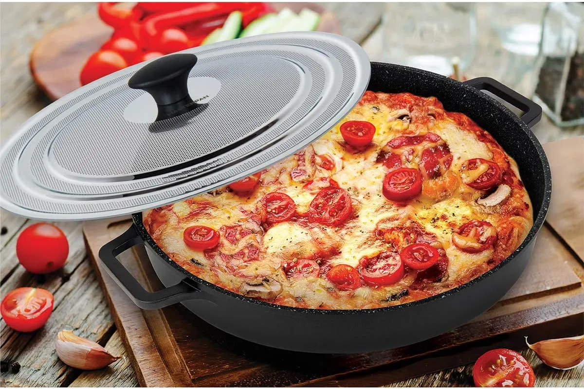 Non-Stick Stovetop Oven Grill Pan with Heat-in Steam-Out Lid, nonstick cookware, 12", Black,