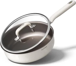 Nonstick Frying Pan with Lid - Titanium Enhanced Deep Ceramic Saute Pan, Warp-Resistant Tri-Ply Stainless Steel, PTFE/PFOA-Free, Induction Compatible, Non-Toxic, Cool Handle,10-Inch