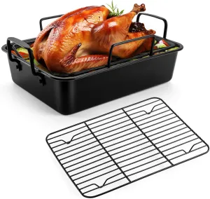 Nonstick Roasting Pan with Rack Set for Turkey Chicken, Joyfair Deep Rectangular Roaster Pan with Flat Rack & Removable V-rack, Heavy Duty Oven Lasagna Bakeware with Non-toxic Coating (Small)