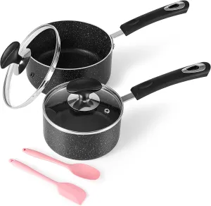 Nonstick Saucepan Set with Lid, Non Stick 1Qt & 2Qt Sauce Pan Set with Glass Lid Small Pot for Home Kitchen
