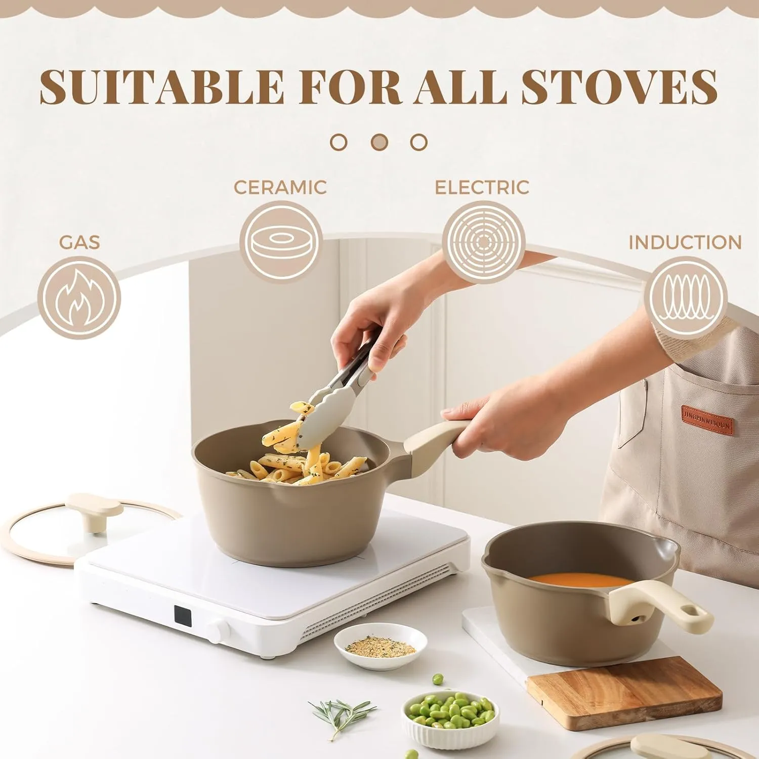Nonstick Saucepan with Lid, 2.7 Quart Sauce Pan, Non Toxic Sauce Pot with Pour Spouts for Multipurpose Use, PFOA Free, Induction Compatible, Apricot