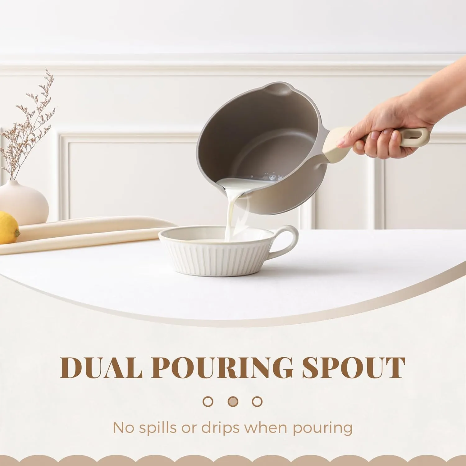Nonstick Saucepan with Lid, 2.7 Quart Sauce Pan, Non Toxic Sauce Pot with Pour Spouts for Multipurpose Use, PFOA Free, Induction Compatible, Apricot
