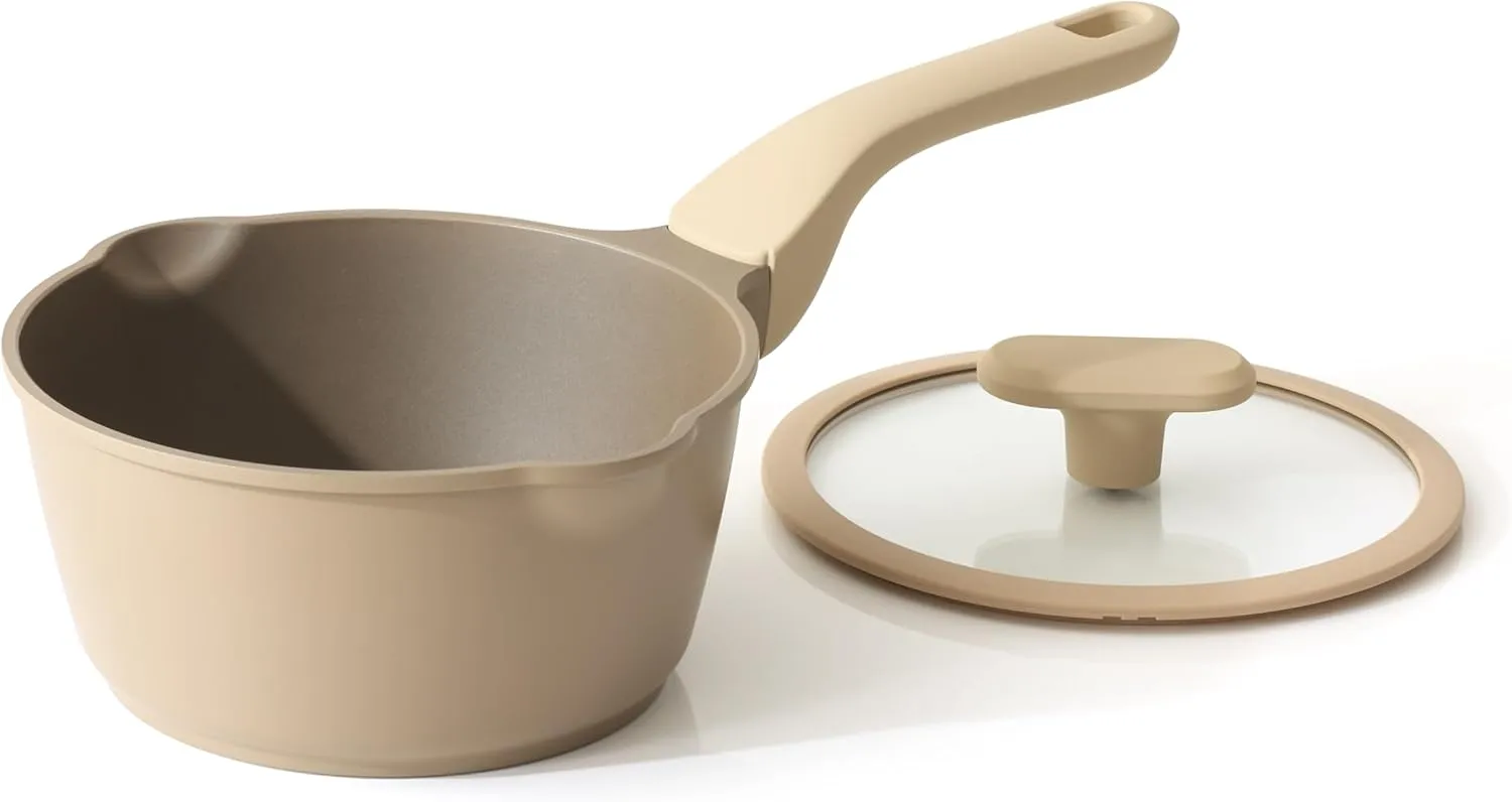 Nonstick Saucepan with Lid, 2.7 Quart Sauce Pan, Non Toxic Sauce Pot with Pour Spouts for Multipurpose Use, PFOA Free, Induction Compatible, Apricot