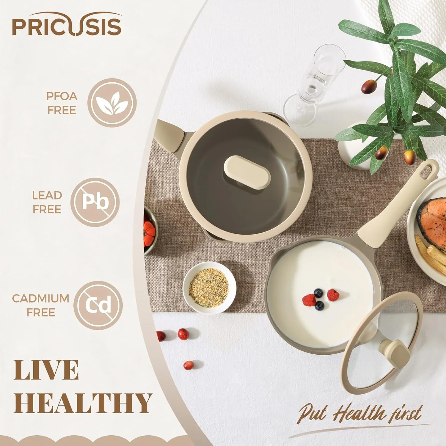 Nonstick Saucepan with Lid, 2.7 Quart Sauce Pan, Non Toxic Sauce Pot with Pour Spouts for Multipurpose Use, PFOA Free, Induction Compatible, Apricot