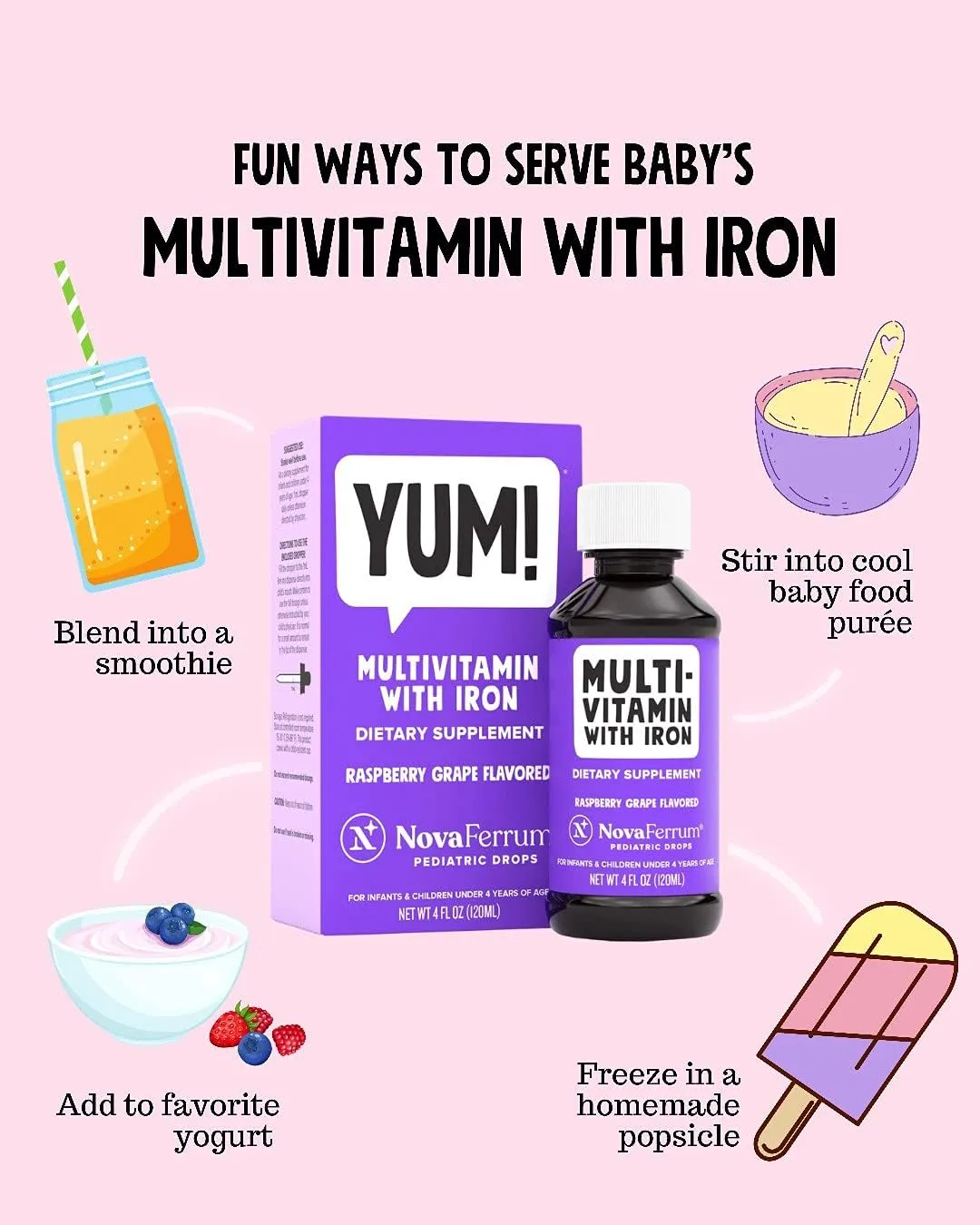 NovaFerrum Yum | Multivitamin with Iron for Infants, Toddlers & Kids | Immune Support | Ages 4 & Under | Gluten Free Certified | Sugar Free | Raspberry Grape | 120 Servings