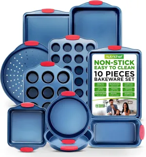 NutriChef 10-Piece Nonstick Bakeware Set - Heavy Duty Carbon Steel with Silicon Handles, Nontoxic Baking Trays Including Muffins, Loaf, Cake, Pizza, Round & Square Pan