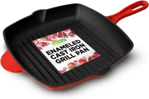 NutriChef 11" Enameled Cast Iron Steak Grill Pan - Square Skillet with Drip Spout, For All Cooktops, Perfect Grill Marks - NCCIES47
