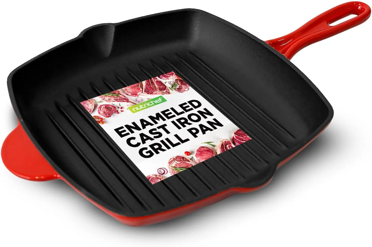 NutriChef 11" Enameled Cast Iron Steak Grill Pan - Square Skillet with Drip Spout, For All Cooktops, Perfect Grill Marks - NCCIES47