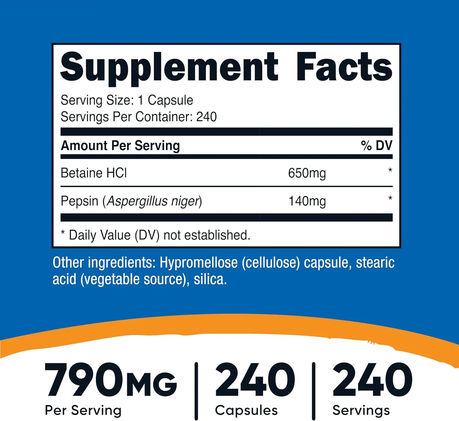 Nutricost Betaine HCl   Pepsin 790mg, 240 Capsules - Gluten Free & Non-GMO