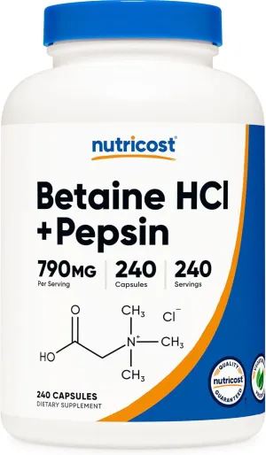 Nutricost Betaine HCl   Pepsin 790mg, 240 Capsules - Gluten Free & Non-GMO
