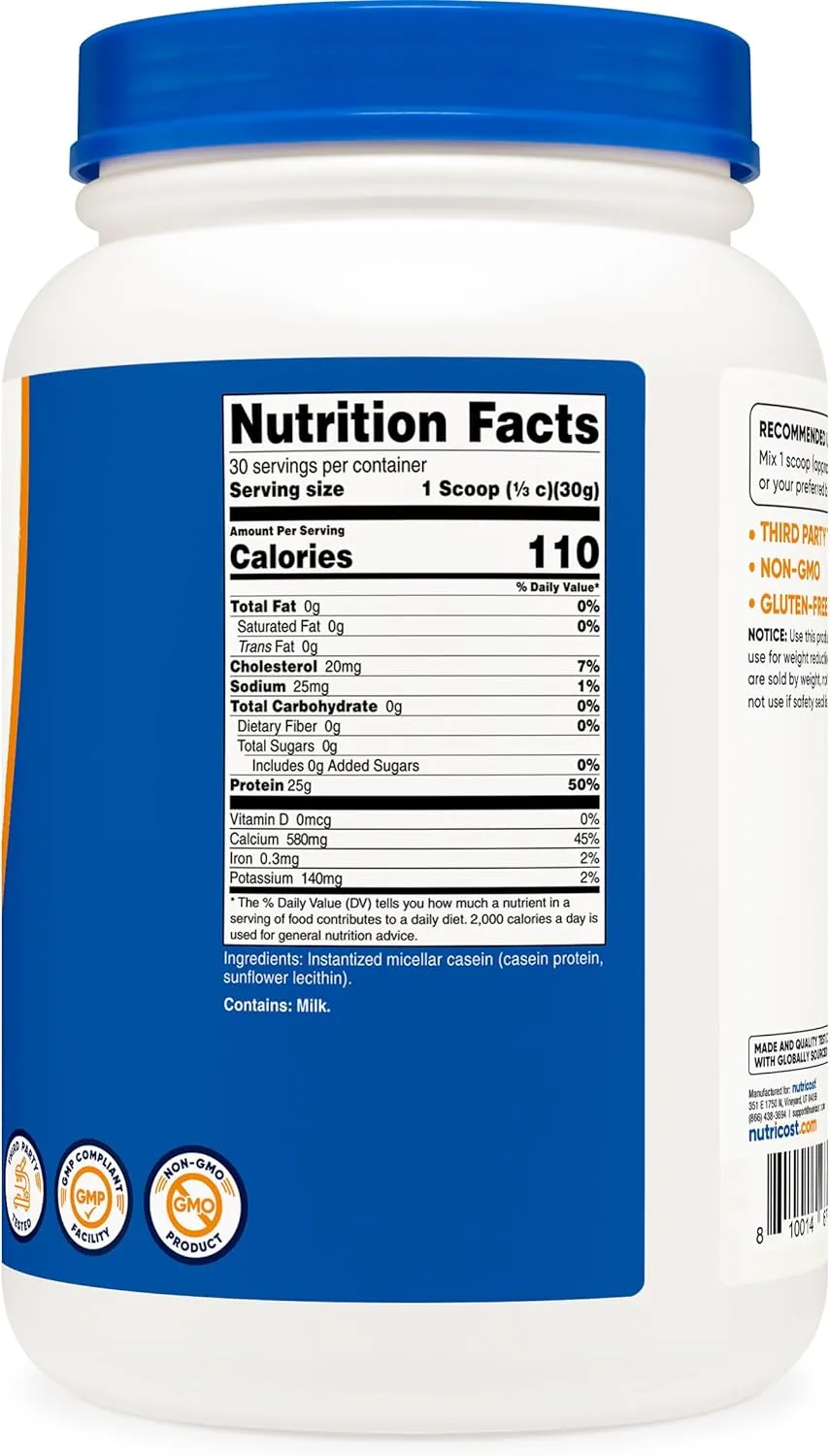 Nutricost Casein Protein Powder 2lb - Micellar Casein, Gluten Free, Non-GMO (Unflavored)