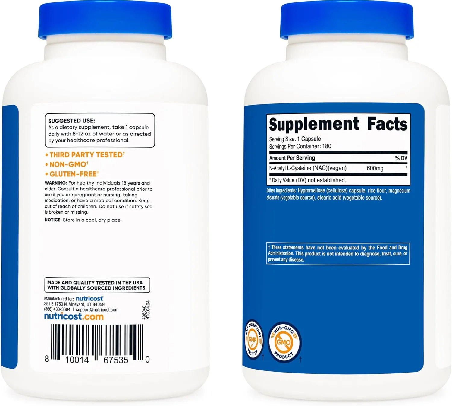 Nutricost N-Acetyl L-Cysteine (NAC) 600mg, 180 Capsules - Non-GMO, Gluten Free