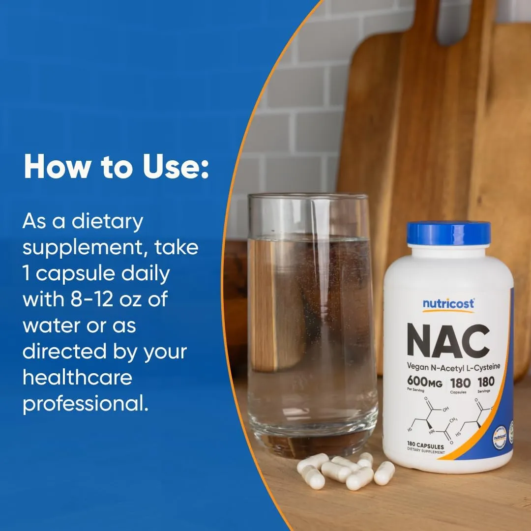 Nutricost N-Acetyl L-Cysteine (NAC) 600mg, 180 Capsules - Non-GMO, Gluten Free