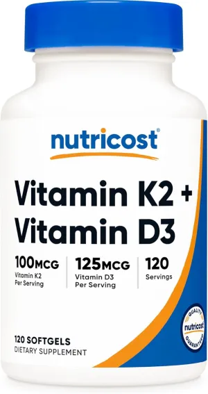 Nutricost Vitamin K2 (MK7) (100mcg)   Vitamin D3 (5000 IU) 120 Softgels - Gluten Free and Non-GMO