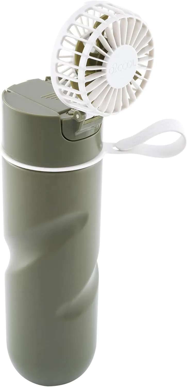 O2COOL Breezy Sip Water Bottle With Removeable Handheld Battery Powered Fan 22oz (Olive)