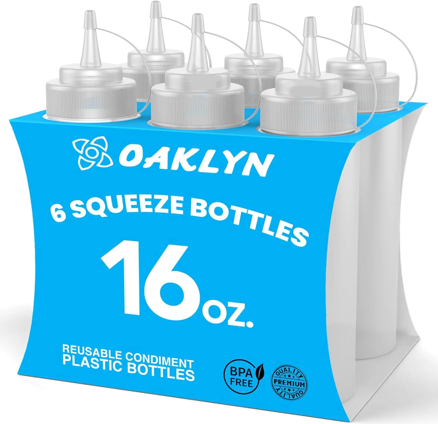 Oaklyn Reusable Squeeze Bottles 16oz 6 Pack - Leak Proof, BPA-Free Plastic Bottles for Sauces & Liquids, Easy to Clean