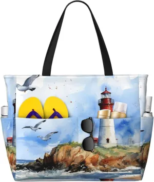 Ocean Lighthouse Beach Bag Sea Pool Bag for Women Waterproof Large Travel Tote with Zipper Organizer for Swimming Vacation Essentials