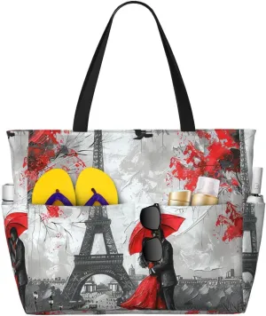 Oil Painting Couple Beach Bag Paris Eiffel Tower Pool Bag for Women Waterproof Large Travel Tote with Zipper Organizer for Swimming Vacation Essentials
