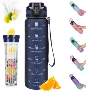 Opard 32oz Sports Water Bottle with Motivational Time Marker to Drink, Reusable BPA Free Tritan with Filter for Gym and Outdoor