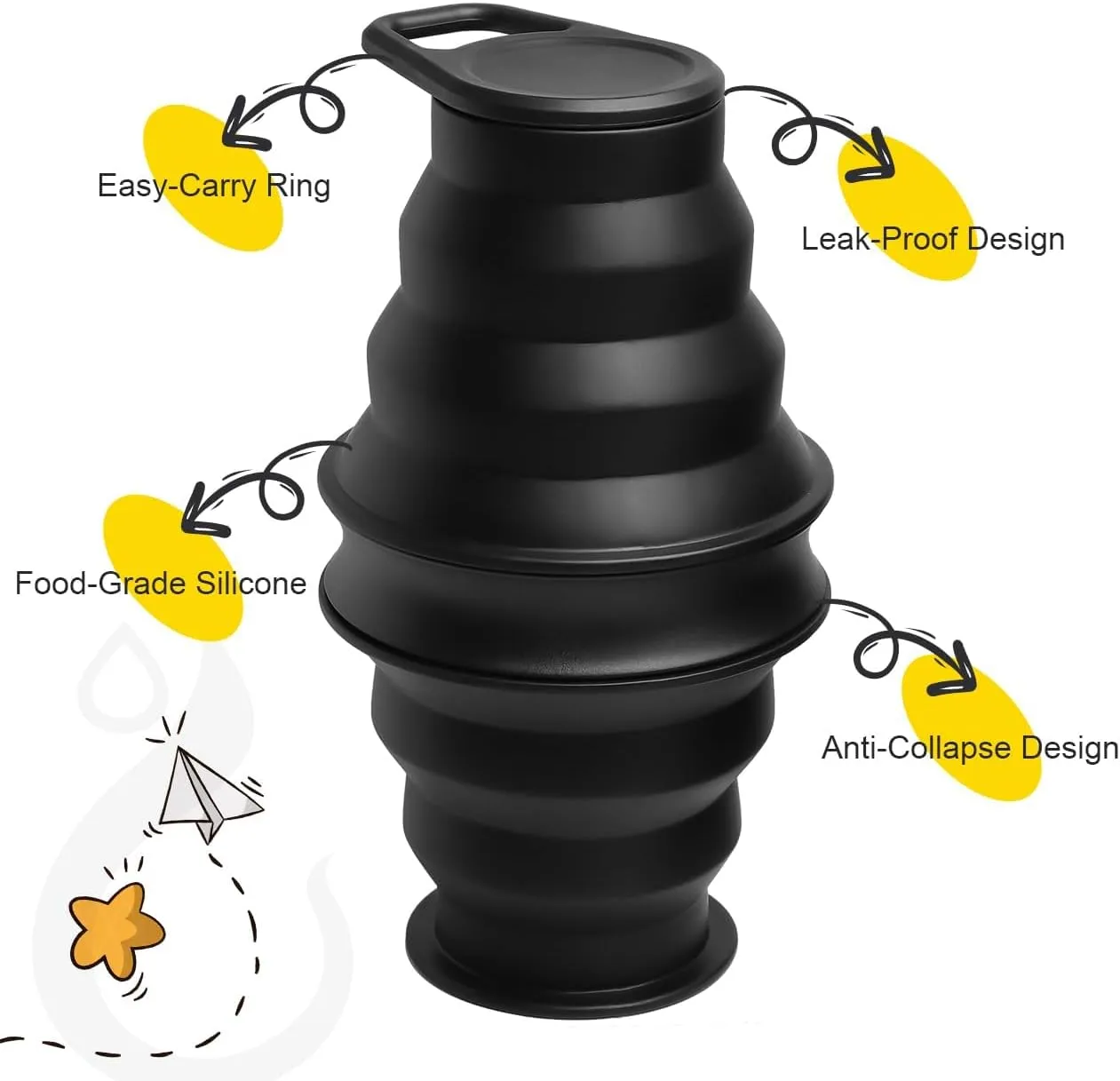 Opard Collapsible Water Bottles BPA Free Leak Proof Foldable Silicone Bottle with Anti-Collapse Ring for Travel Camping Hiking Running Sport