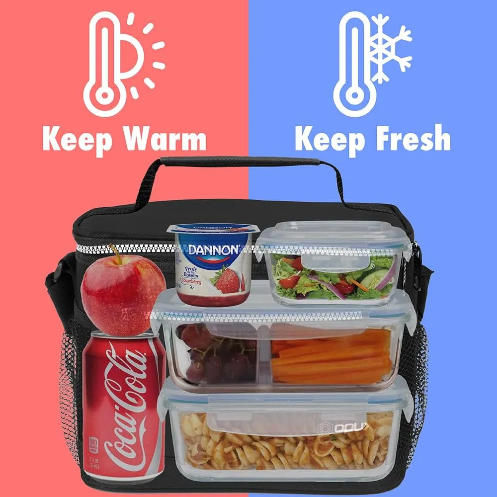 opux Insulated Lunch Box Men Women, Lunch Bag for Work School, Leakproof Soft Cooler Tote Adult, Large Lunch Pail Kids Boys Girls, Picnic Beach Food Bag with Shoulder Strap, Black