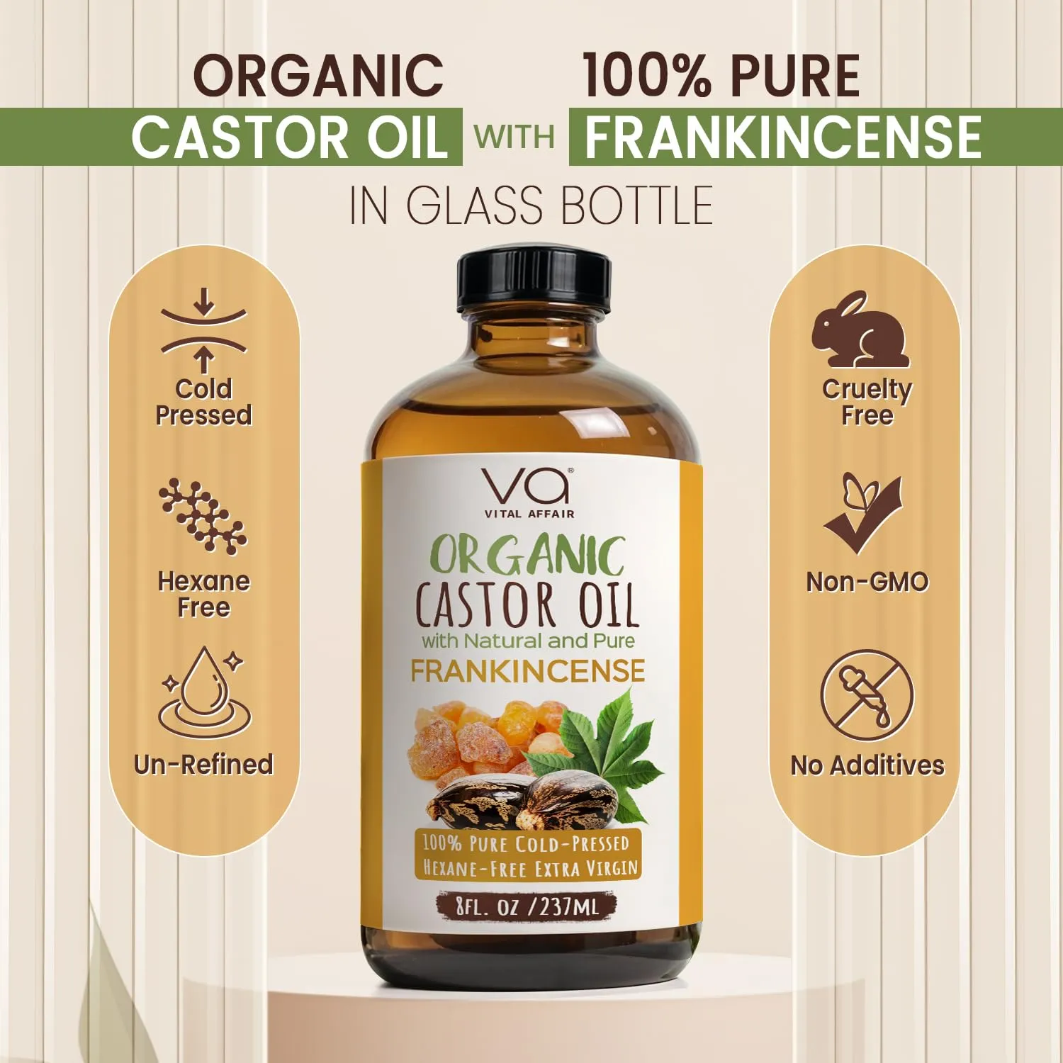 Organic Castor & Frankincense Oil Blend - 100% Pure and Natural, Cold Pressed, Unrefined Glass Bottle Castor and Frankincense Oil For Face & Hair Growth - 8oz