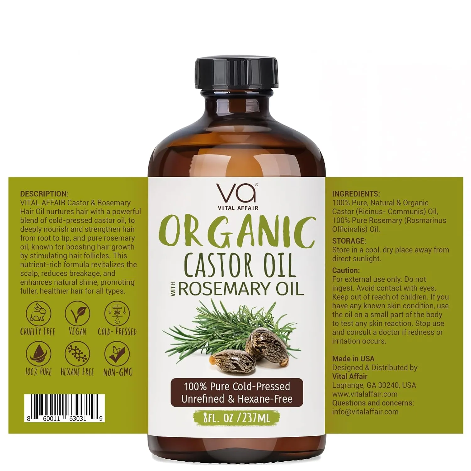Organic Castor Oil With Rosemary Oil For Hair Growth - 100% Pure Rosemary Hair Oil With Pure Castor Oil Cold Pressed Unrefined Glass Bottle - Strengthening & Volumizing 8 Fl Oz