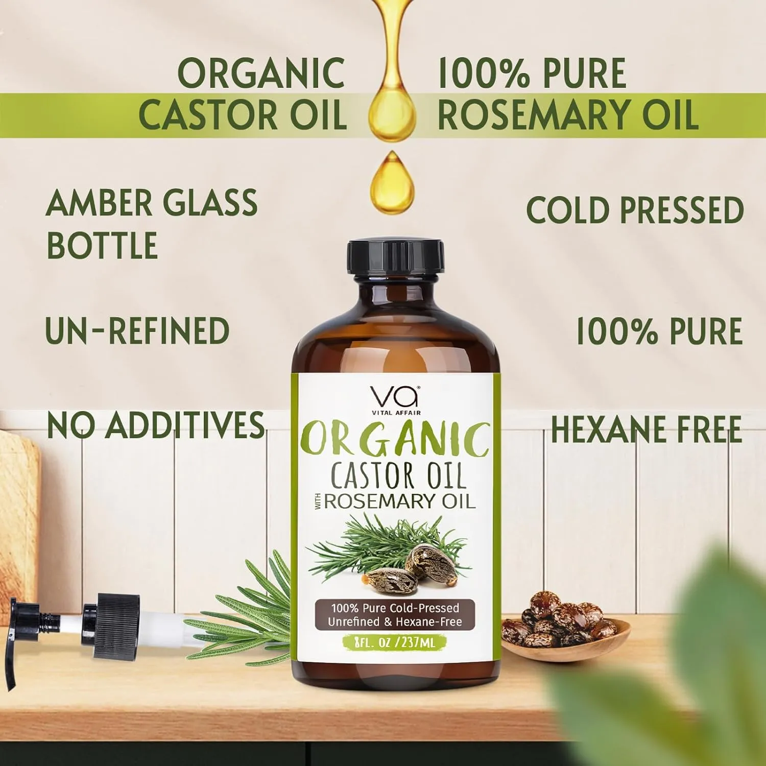 Organic Castor Oil With Rosemary Oil For Hair Growth - 100% Pure Rosemary Hair Oil With Pure Castor Oil Cold Pressed Unrefined Glass Bottle - Strengthening & Volumizing 8 Fl Oz