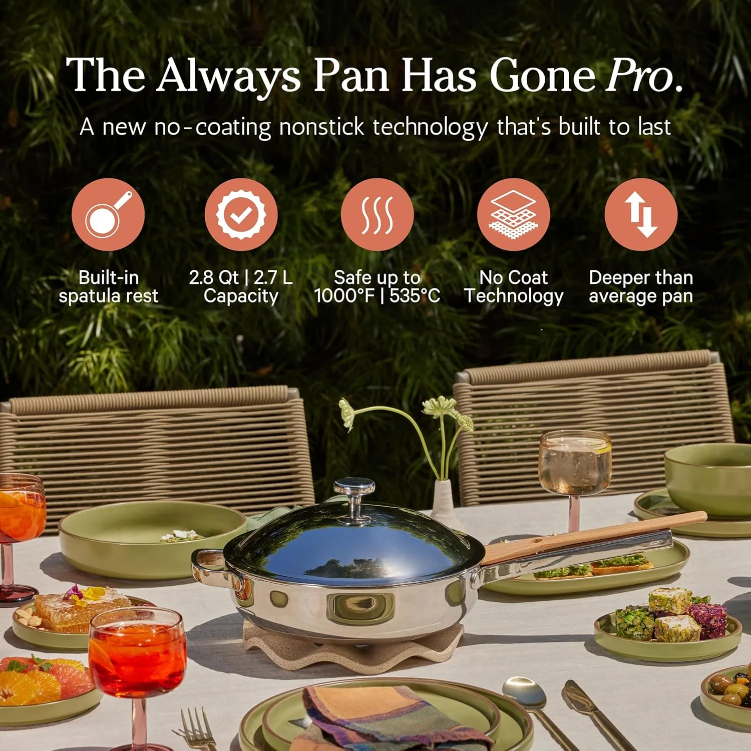 Our Place Titanium Always Pan Pro - 10.6” (2.8 Qt) No-Coating Nonstick Skillet | Tri-Ply Titanium & Stainless Steel | Safe for Oven, Induction & All Cooktops up to 1000°F | Includes Spatula | Chrome