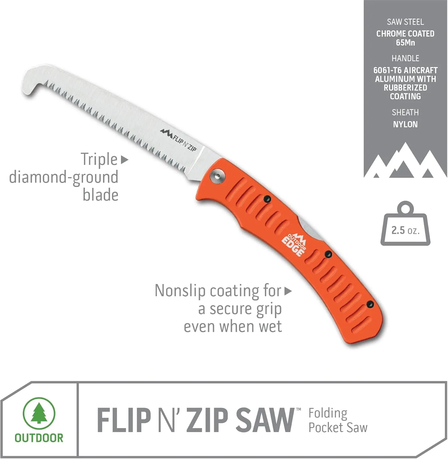 Outdoor Edge 4.5" Flip N' Zip Saw - Lightweight Folding Aluminum Handle Outdoor-Hunting Saw with 65Mn Spring Steel Blade and Triple Ground Teeth for Bone and Wood with Nylon Sheath