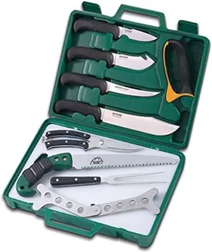 Outdoor Edge Game Processor, PR-1, Complete 12-Piece Hunting Knife Kit for Processing Big Game, Full Tang 420J2 Stainless Razor Sharp Blades, TPR Non-Slip Handles, Sturdy Hide-Side Storage Case