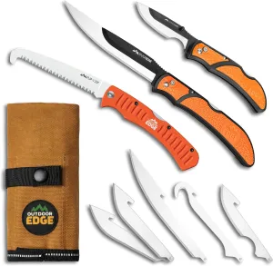 OUTDOOR EDGE RazorGuide Pak Hunting Knife Set. Features Two Replaceable Blade Hunting Knives, Bone Saw, all Stored Securely in a Compact Waxed Canvas Roll Pack