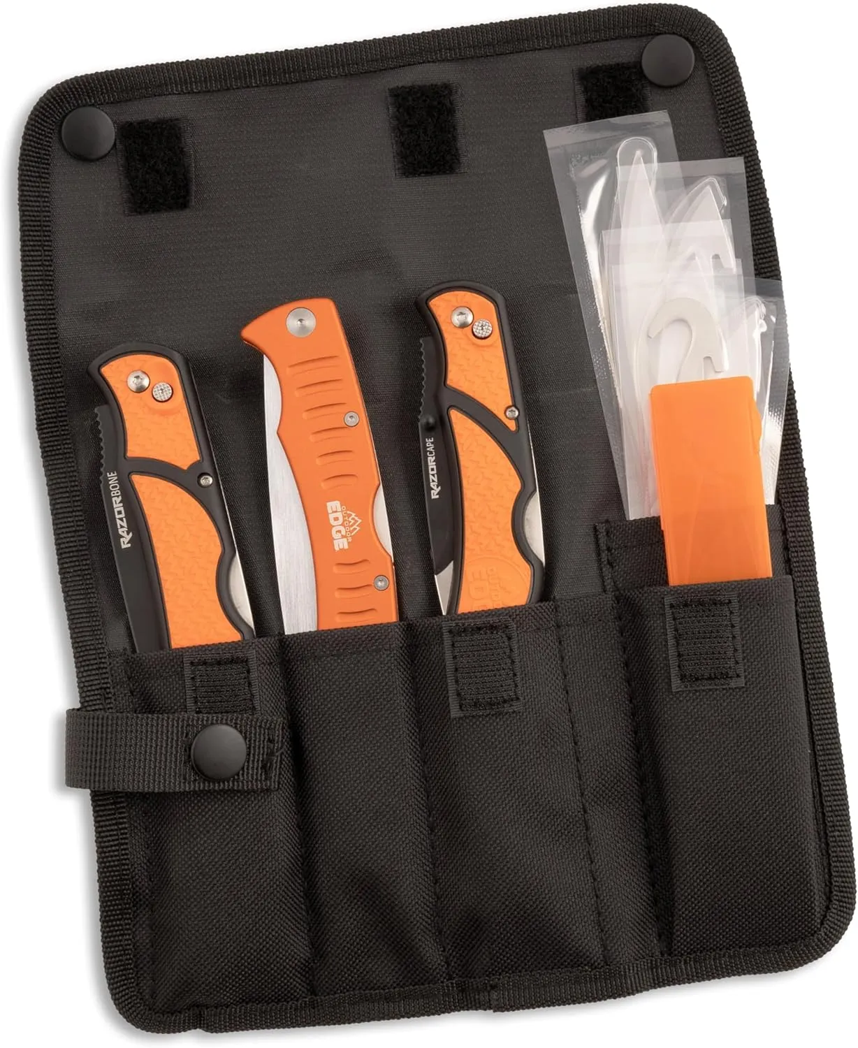 OUTDOOR EDGE RazorGuide Roll Pak | Hunting Knife Set Features Two Replaceable Blade Hunting Knives, Bone Saw, all Stored Securely in a Compact Roll Pack (Black Roll Pack)