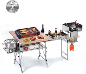 Outdoor Mobile Kitchen Portable Grill Cart, All-in-One Stainless Steel Foldable Camping Table, with Cleaning, Chopping, Cooking and Food Preparation Functions, for Camping, Rving, Family Gatherings