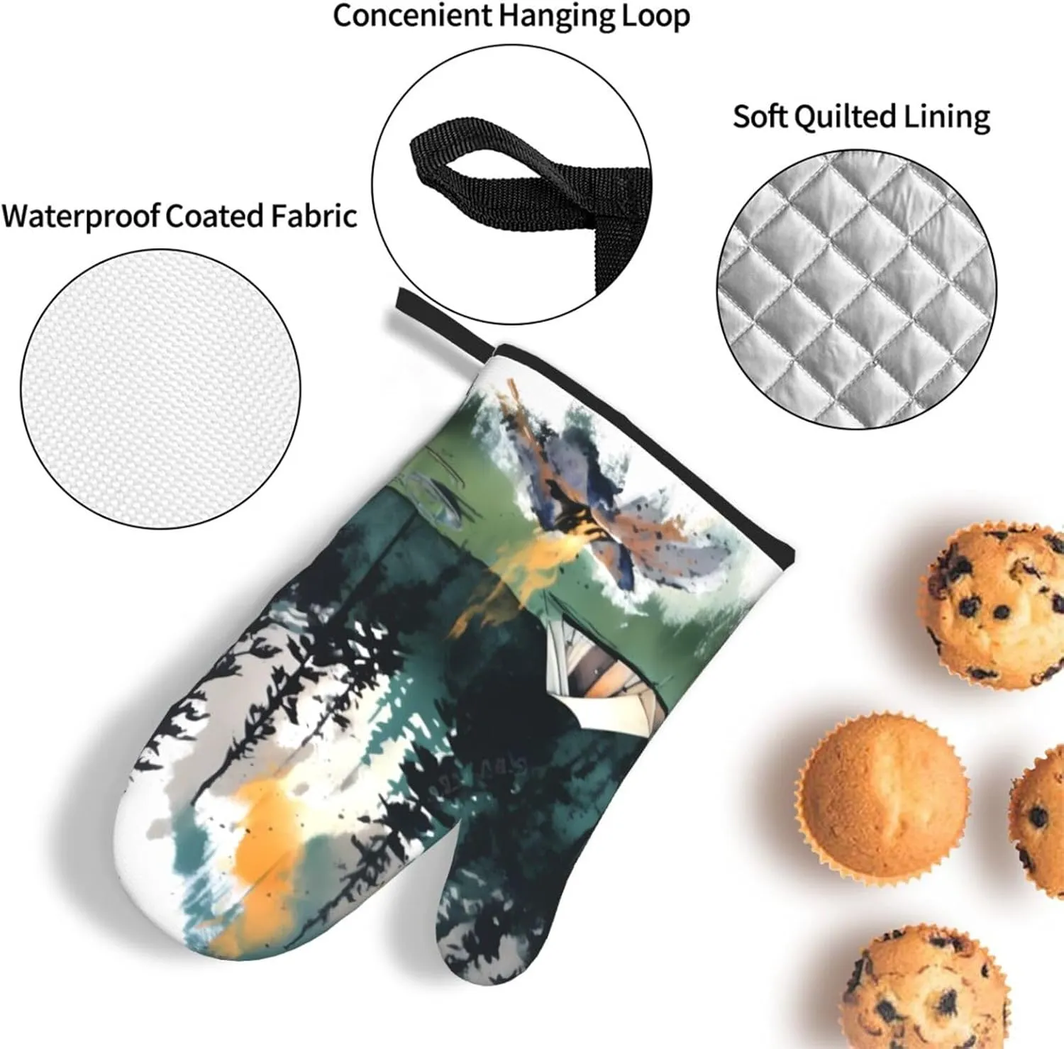 Oven Mitts and Pot Holders 3 pcs Set Oven Glove for Cooking Wilderness Nature Camping Oven Mitt Heat Resistant Kitchen Oven Gloves and Hot Pads Non-Slip Cooking Gloves for Baking Kitchen Hot Pads