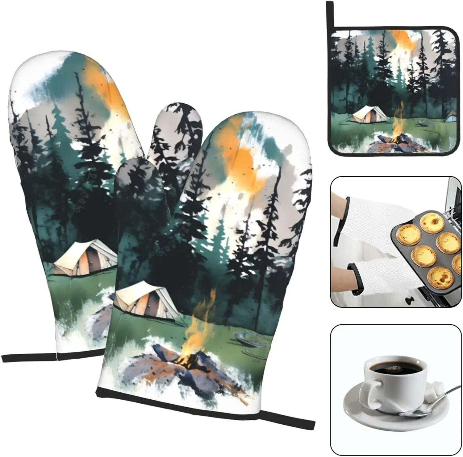 Oven Mitts and Pot Holders 3 pcs Set Oven Glove for Cooking Wilderness Nature Camping Oven Mitt Heat Resistant Kitchen Oven Gloves and Hot Pads Non-Slip Cooking Gloves for Baking Kitchen Hot Pads