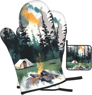 Oven Mitts and Pot Holders 3 pcs Set Oven Glove for Cooking Wilderness Nature Camping Oven Mitt Heat Resistant Kitchen Oven Gloves and Hot Pads Non-Slip Cooking Gloves for Baking Kitchen Hot Pads