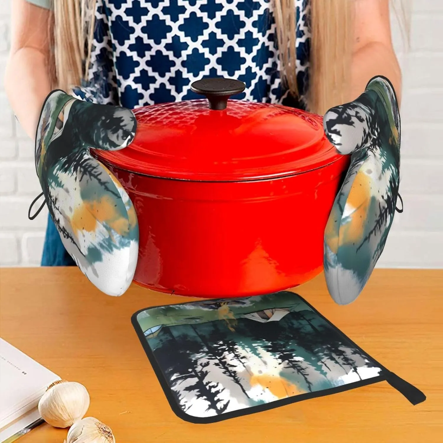 Oven Mitts and Pot Holders 3 pcs Set Oven Glove for Cooking Wilderness Nature Camping Oven Mitt Heat Resistant Kitchen Oven Gloves and Hot Pads Non-Slip Cooking Gloves for Baking Kitchen Hot Pads