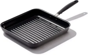 OXO Good Grips 11” Square Grill Pan, 3-Layered German Engineered Nonstick Coating, Stainless Steel Handle with Nonslip Silicone, Black