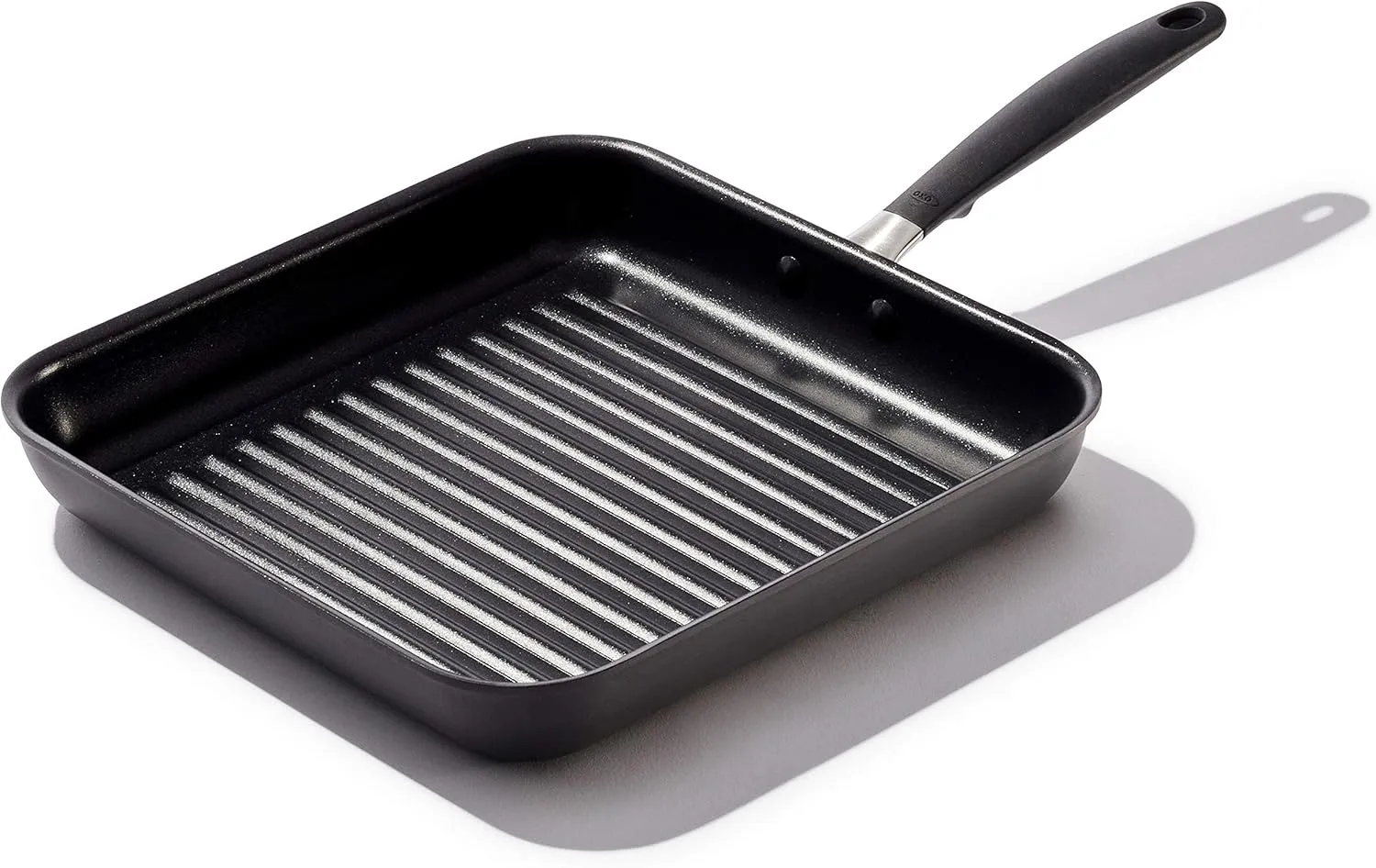 OXO Good Grips 11” Square Grill Pan, 3-Layered German Engineered Nonstick Coating, Stainless Steel Handle with Nonslip Silicone, Black