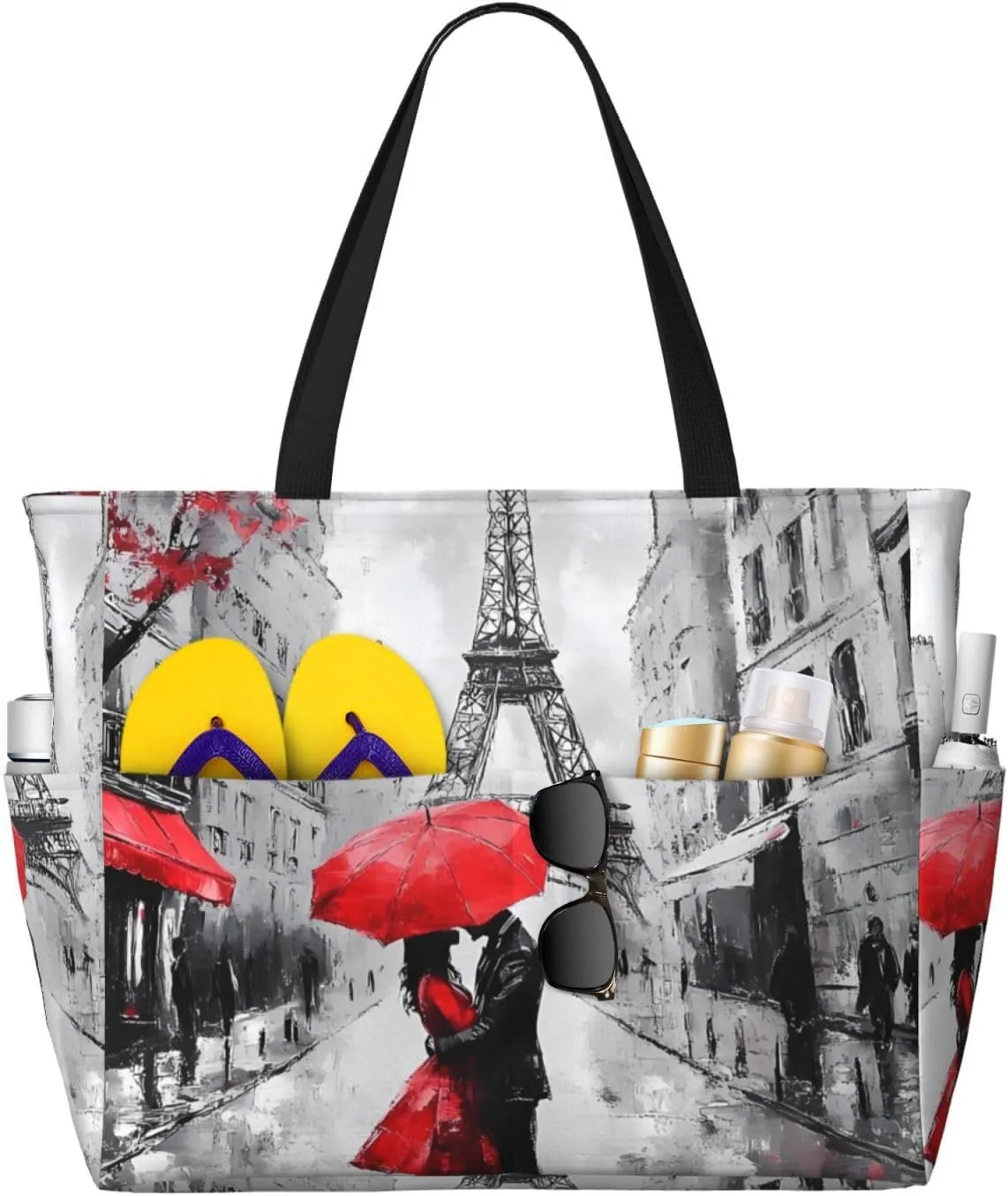 Paris Couple Beach Bag Eiffel Tower Pool Bag for Women Waterproof Large Travel Tote with Zipper Organizer for Swimming Vacation Essentials