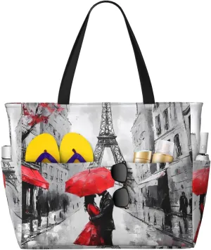 Paris Couple Beach Bag Eiffel Tower Pool Bag for Women Waterproof Large Travel Tote with Zipper Organizer for Swimming Vacation Essentials