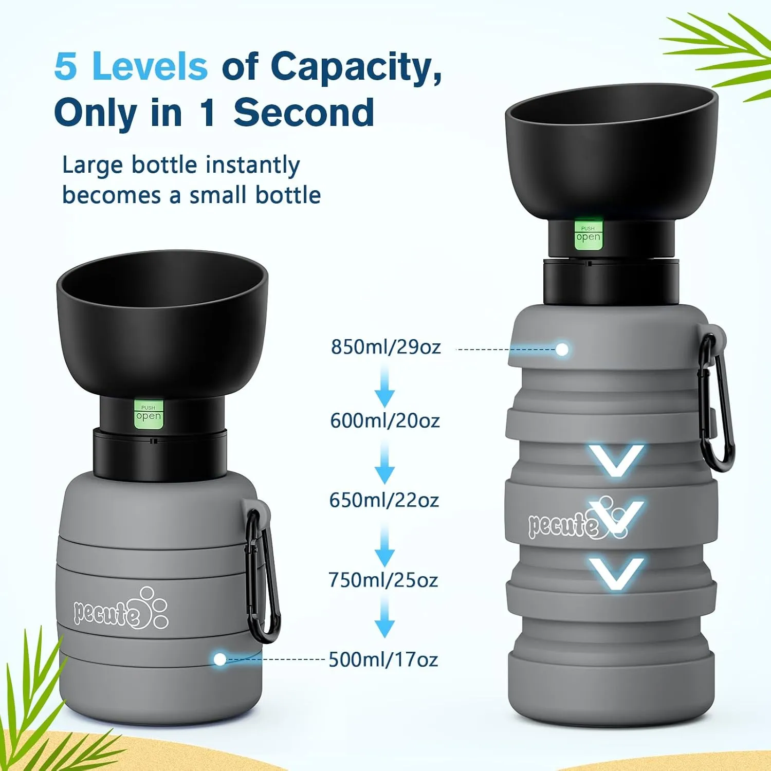 Pecute Dog Water Bottle Portable & Retractable,17oz-29oz Dog Water Bottle with Folding Bowl, 5 Levels Capacity in 1, Carabiner Clip, 100% Food Grade Silicone, Ideal for Outdoor Walking,Hiking,Travel