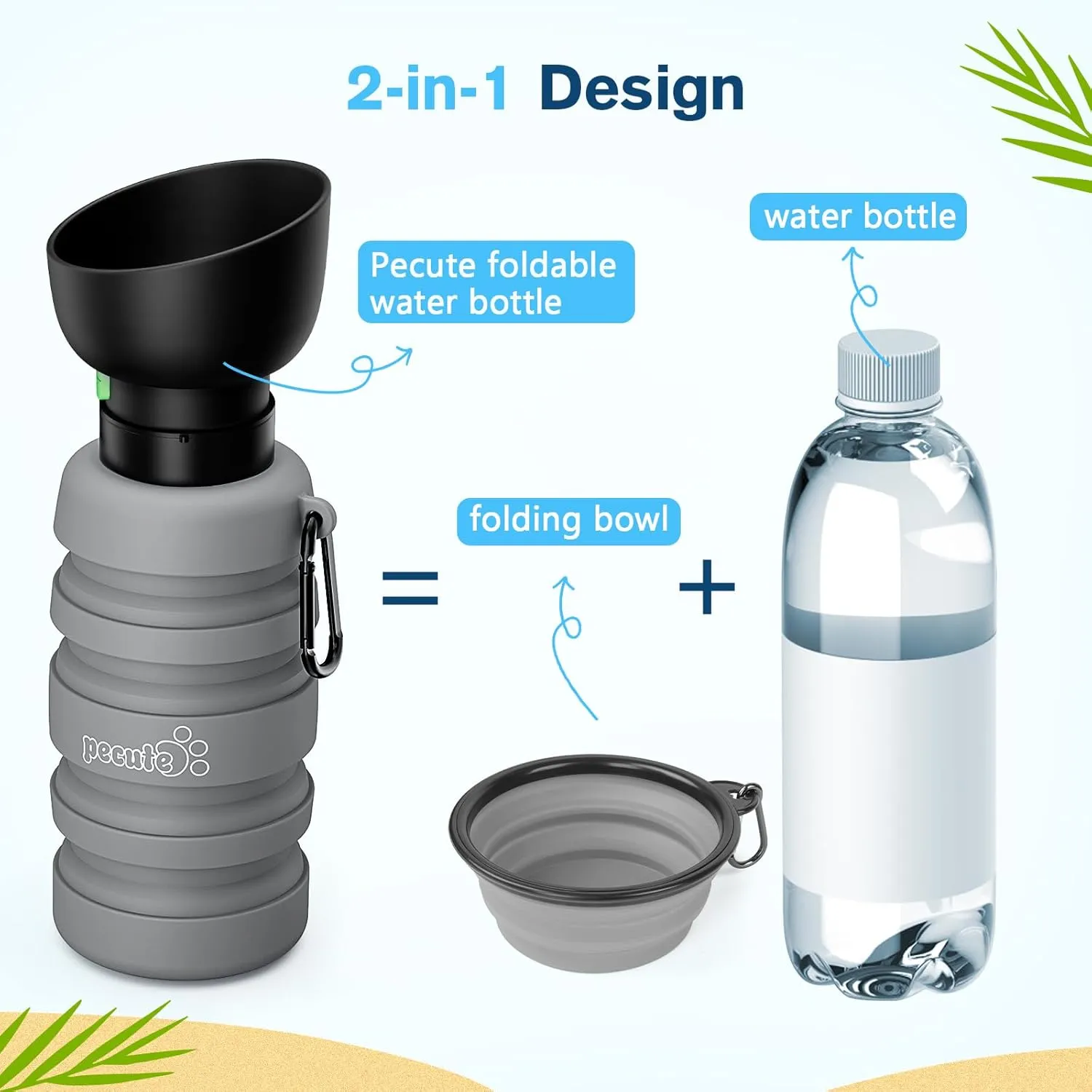 Pecute Dog Water Bottle Portable & Retractable,17oz-29oz Dog Water Bottle with Folding Bowl, 5 Levels Capacity in 1, Carabiner Clip, 100% Food Grade Silicone, Ideal for Outdoor Walking,Hiking,Travel
