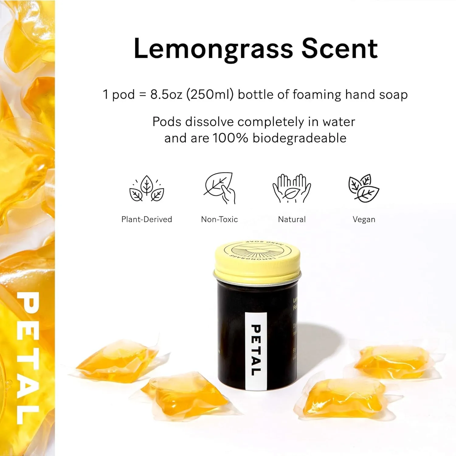 Petal Foaming Soap Dispenser with Hand Soap Refills - Zero Waste Hand Soap Dispenser - Natural Soap - Vegan - Cruelty Free - Made in the USA - (8.5oz) - (4ct) - (Lemongrass, Black (Aluminum))