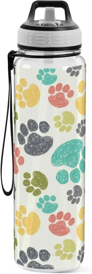 Pfrewn 32oz Water Bottle with Straw Lid Cute Colorful Doodle Paw Prints Tritan Leakproof Clear Sport Water Bottles Reusable BPA Free for Women Men Gym Outdoor