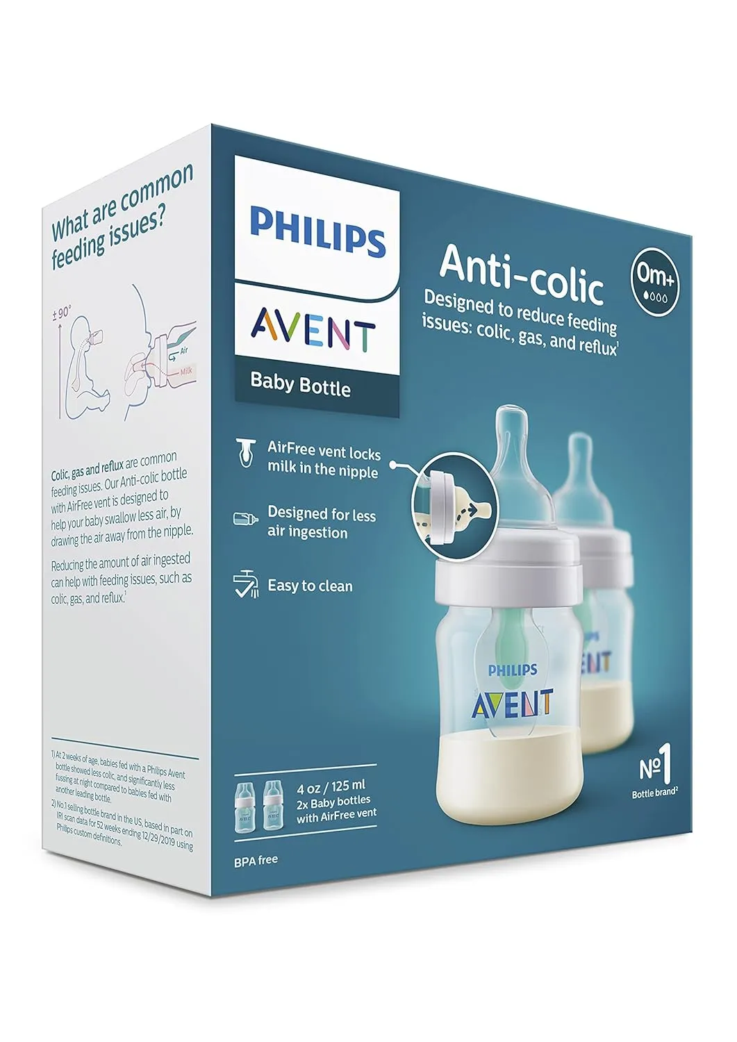 Philips Avent Anti-Colic Baby Bottle with AirFree Vent, 4oz, with Flow 1 Nipples, 0m , 2pk, Clear, SCY701/92