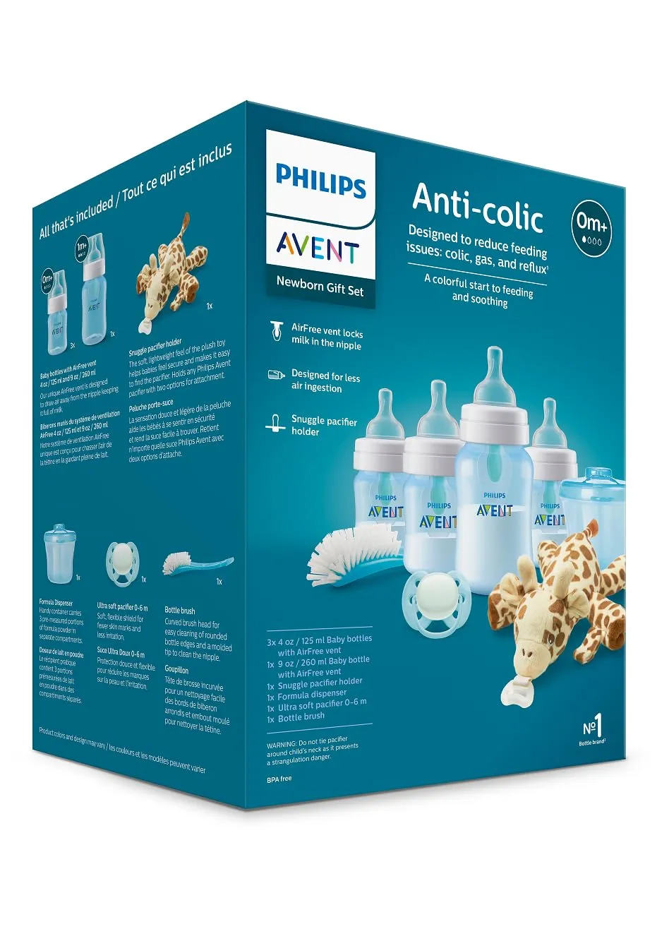 Philips AVENT Anti-Colic Baby Bottle with AirFree Vent Newborn Gift Set with Snuggle, Blue, SCD307/03